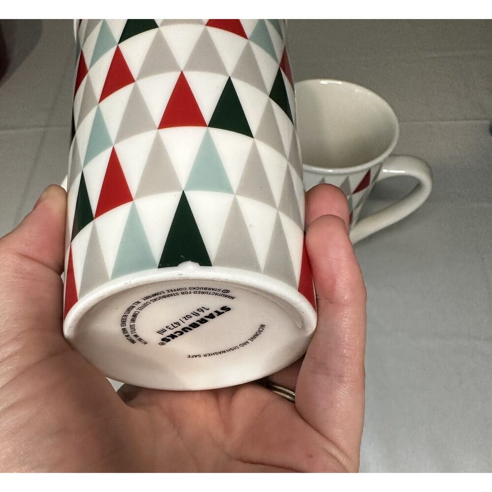 Starbucks Holiday Christmas Tree Triangle Tall Coffee Cup Mug 16oz Set of 2 - Picture 6 of 6